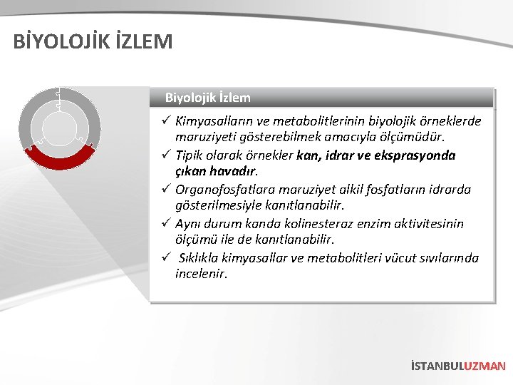 BİYOLOJİK İZLEM Biyolojik İzlem ü Kimyasalların ve metabolitlerinin biyolojik örneklerde maruziyeti gösterebilmek amacıyla ölçümüdür. BİYOLOJİK İZLEM Biyolojik İzlem ü Kimyasalların ve metabolitlerinin biyolojik örneklerde maruziyeti gösterebilmek amacıyla ölçümüdür.