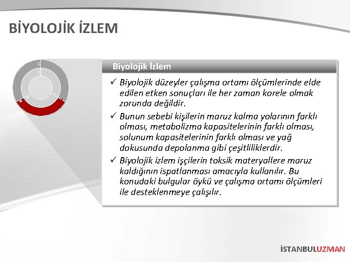 BİYOLOJİK İZLEM Biyolojik İzlem ü Biyolojik düzeyler çalışma ortamı ölçümlerinde elde edilen etken sonuçları BİYOLOJİK İZLEM Biyolojik İzlem ü Biyolojik düzeyler çalışma ortamı ölçümlerinde elde edilen etken sonuçları