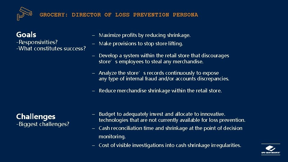 GROCERY: DIRECTOR OF LOSS PREVENTION PERSONA Goals -Responsivities? -What constitutes success? – Maximize profits