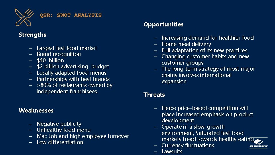 QSR: SWOT ANALYSIS Opportunities Strengths – – – – Largest fast food market Brand
