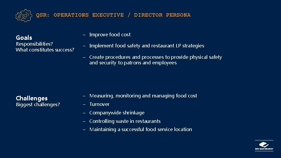 QSR: OPERATIONS EXECUTIVE / DIRECTOR PERSONA Goals Responsibilities? What constitutes success? – Improve food