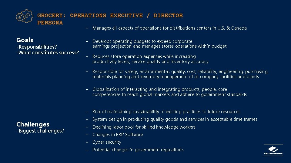 GROCERY: OPERATIONS EXECUTIVE / DIRECTOR PERSONA Goals -Responsibilities? -What constitutes success? Challenges -Biggest challenges?