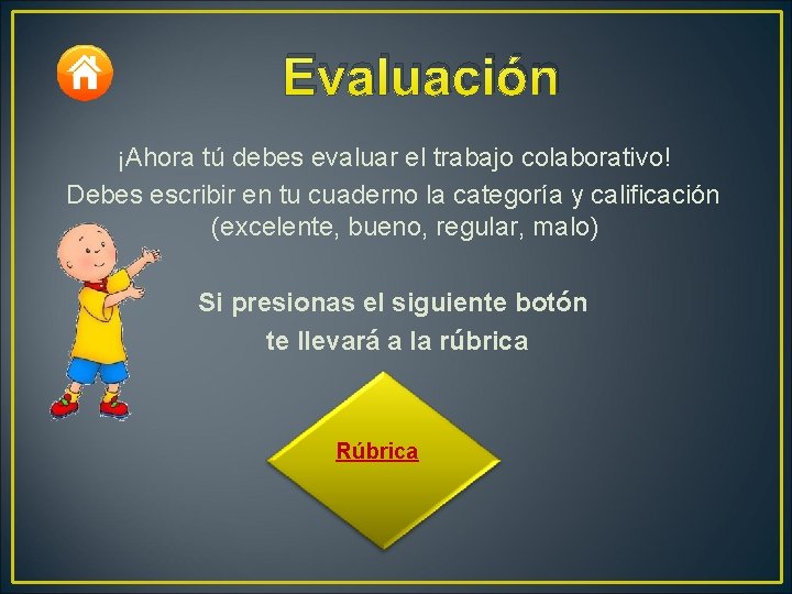 Evaluación ¡Ahora tú debes evaluar el trabajo colaborativo! Debes escribir en tu cuaderno la