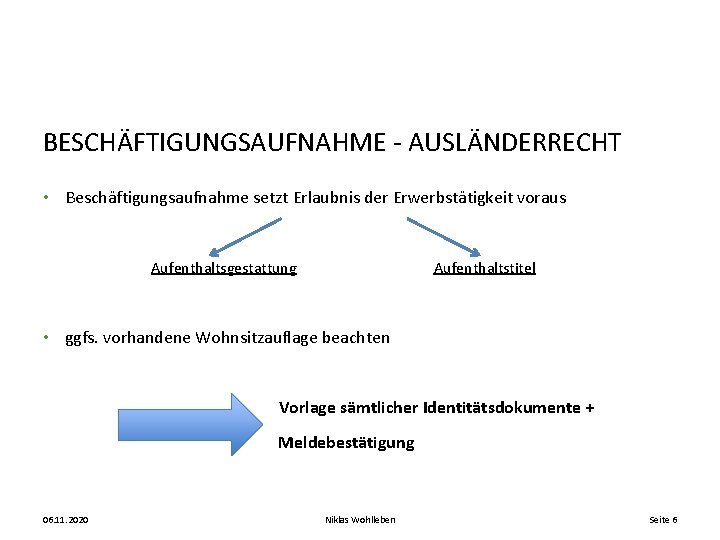 BESCHÄFTIGUNGSAUFNAHME - AUSLÄNDERRECHT • Beschäftigungsaufnahme setzt Erlaubnis der Erwerbstätigkeit voraus Aufenthaltsgestattung Aufenthaltstitel • ggfs.