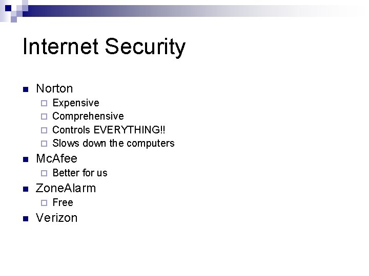 Internet Security n Norton Expensive ¨ Comprehensive ¨ Controls EVERYTHING!! ¨ Slows down the