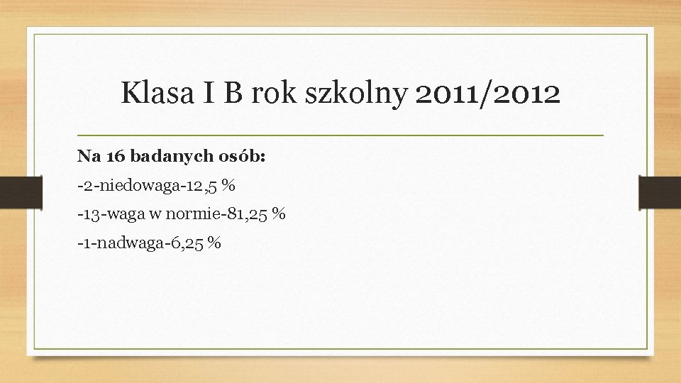 Klasa I B rok szkolny 2011/2012 Na 16 badanych osób: -2 -niedowaga-12, 5 %