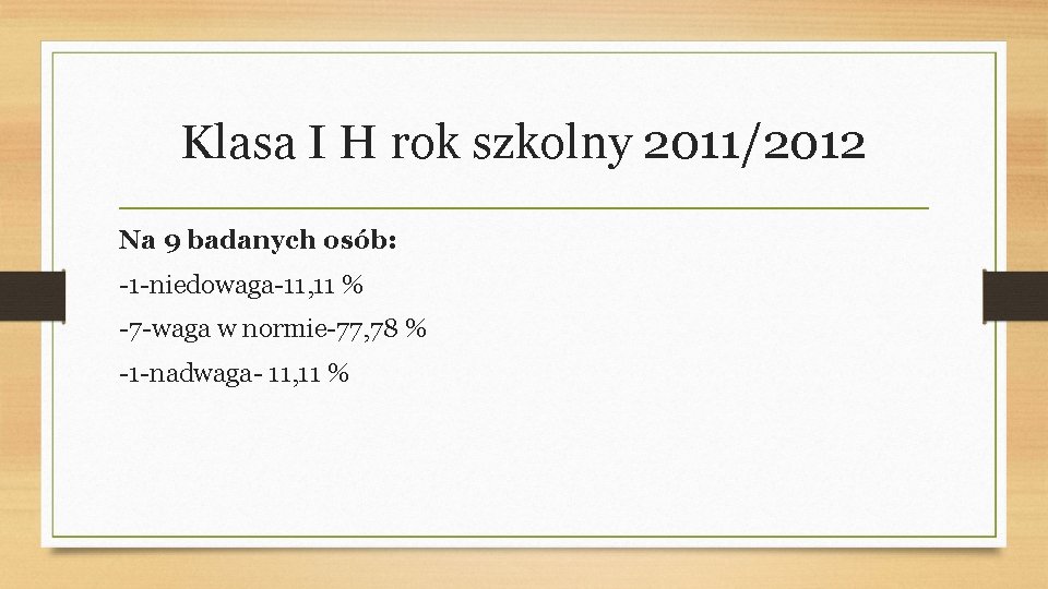 Klasa I H rok szkolny 2011/2012 Na 9 badanych osób: -1 -niedowaga-11, 11 %