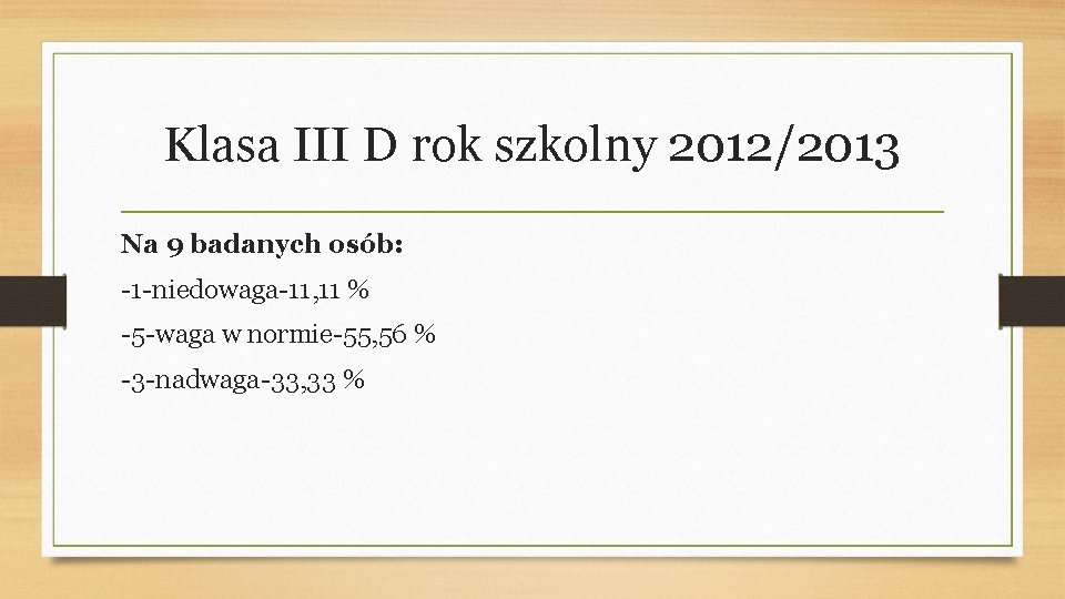 Klasa III D rok szkolny 2012/2013 Na 9 badanych osób: -1 -niedowaga-11, 11 %
