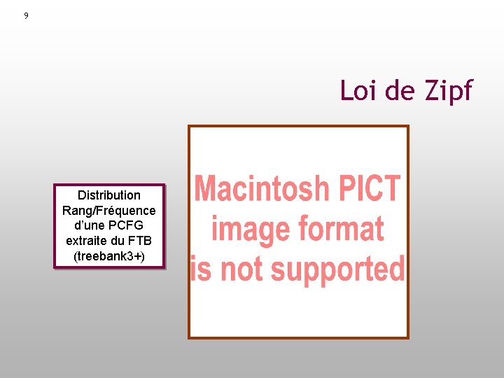 9 Loi de Zipf Distribution Rang/Fréquence d’une PCFG extraite du FTB (treebank 3+) 