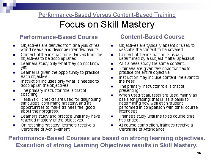 Performance-Based Versus Content-Based Training Focus on Skill Mastery Content-Based Course Performance-Based Course n n