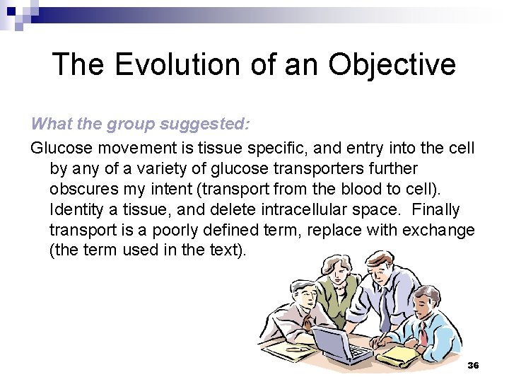 The Evolution of an Objective What the group suggested: Glucose movement is tissue specific,