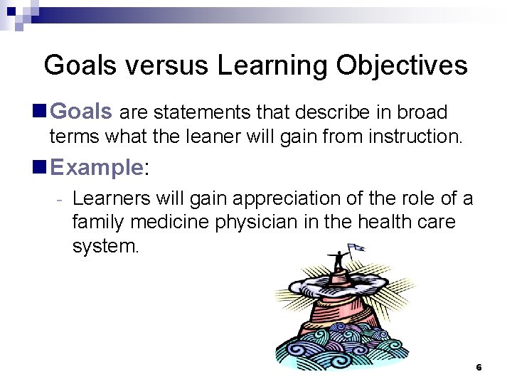 Goals versus Learning Objectives n Goals are statements that describe in broad terms what