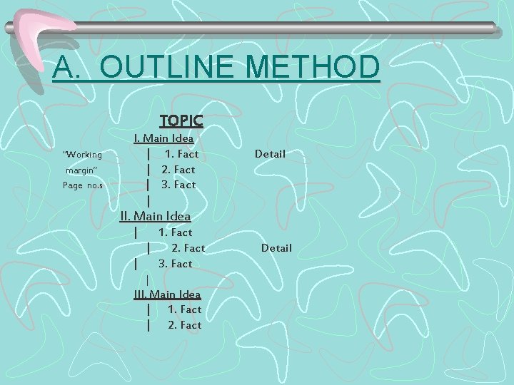 A. OUTLINE METHOD TOPIC “Working margin” Page no. s I. Main Idea | 1.