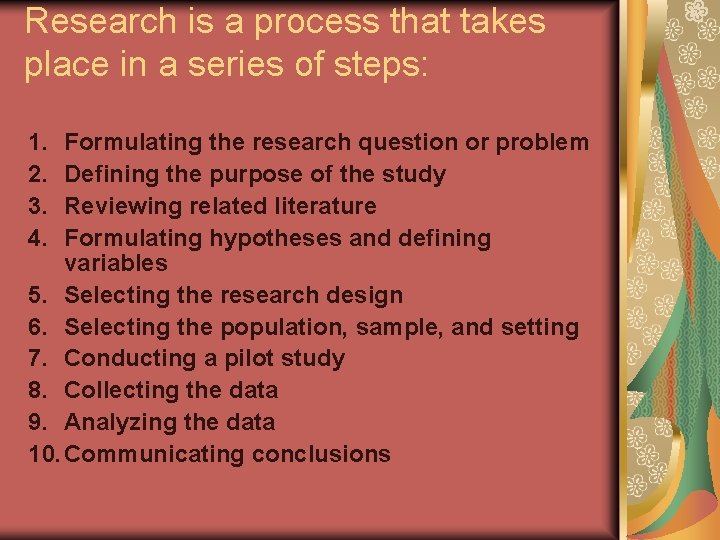 Research is a process that takes place in a series of steps: 1. 2.