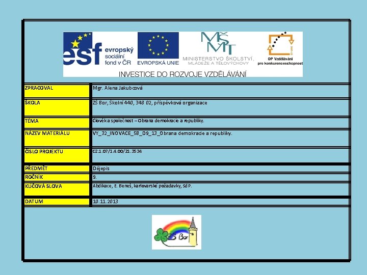 ZPRACOVAL Mgr. Alena Jakubcová ŠKOLA ZŠ Bor, Školní 440, 348 02, příspěvková organizace TÉMA