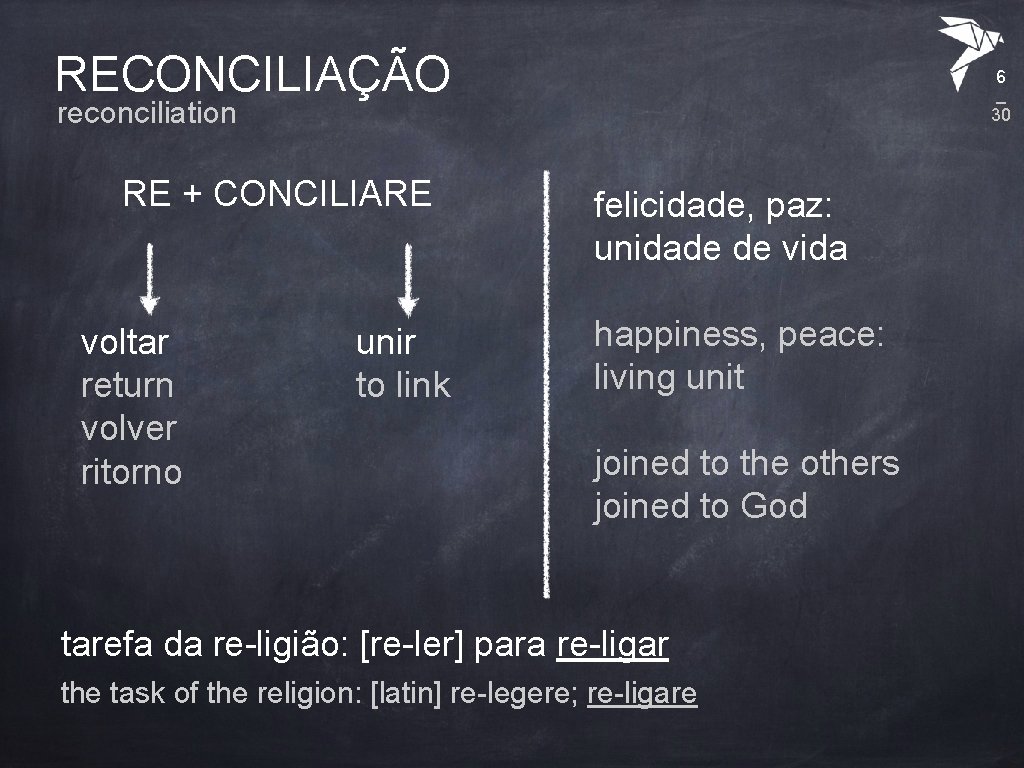 RECONCILIAÇÃO 6 _ 30 reconciliation RE + CONCILIARE voltar return volver ritorno unir to