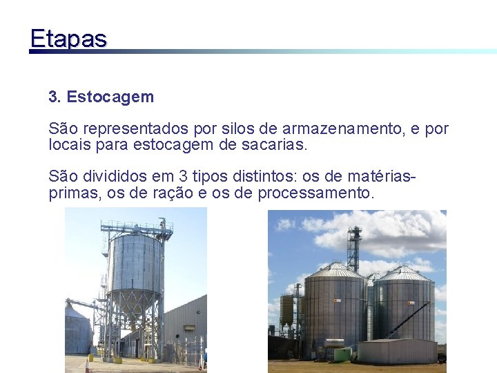 Etapas 3. Estocagem São representados por silos de armazenamento, e por locais para estocagem