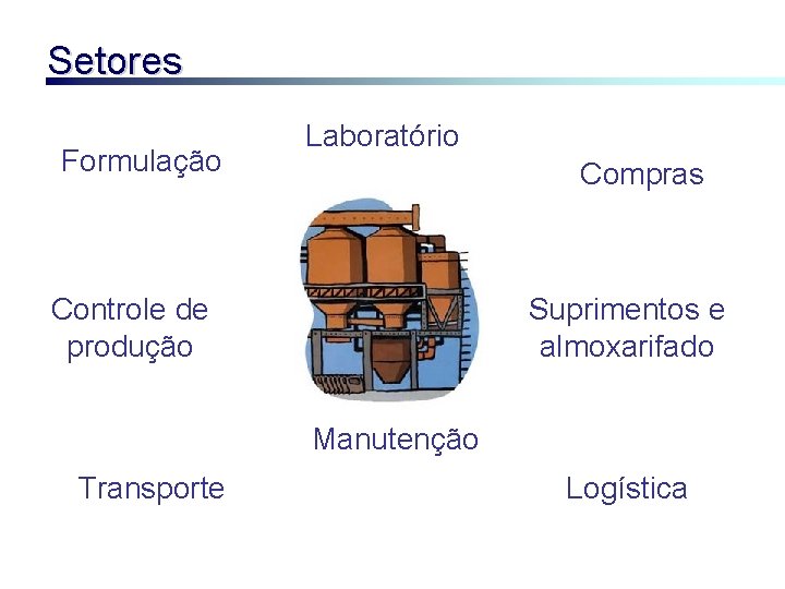 Setores Formulação Laboratório Compras Controle de produção Suprimentos e almoxarifado Manutenção Transporte Logística 