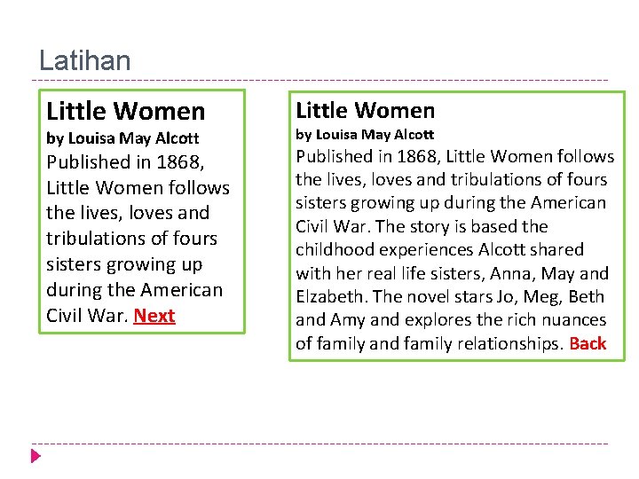 Latihan Little Women Published in 1868, Little Women follows the lives, loves and tribulations