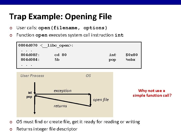 Trap Example: Opening File ¢ ¢ User calls: open(filename, options) Function open executes system
