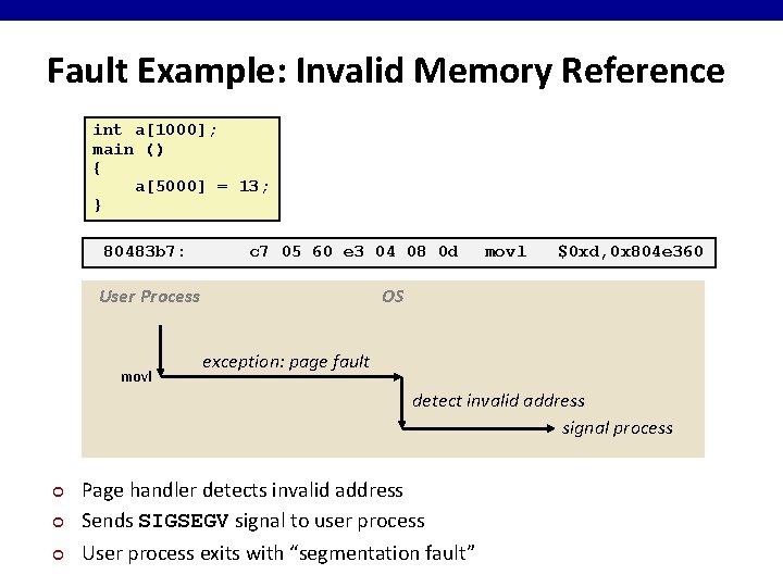Fault Example: Invalid Memory Reference int a[1000]; main () { a[5000] = 13; }
