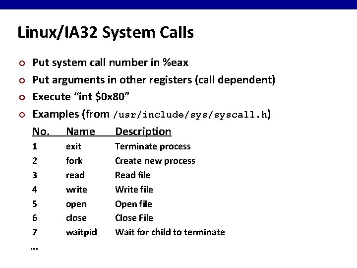 Linux/IA 32 System Calls ¢ ¢ Put system call number in %eax Put arguments