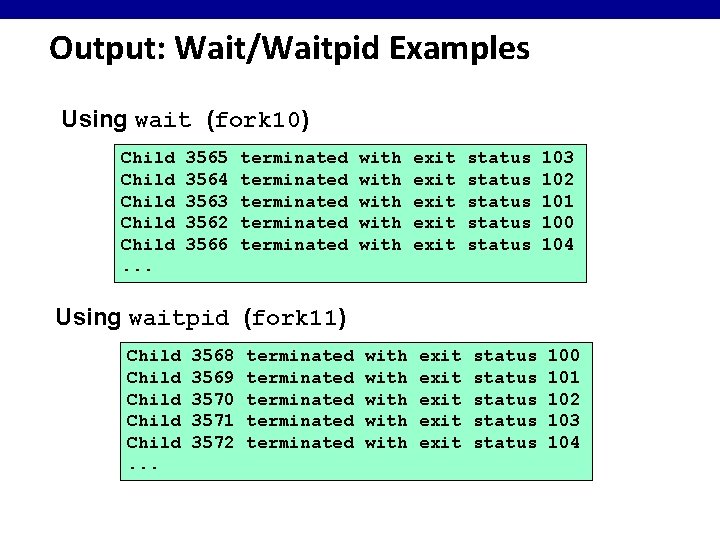 Output: Wait/Waitpid Examples Using wait (fork 10) Child Child. . . 3565 3564 3563