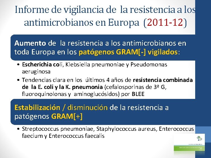 Informe de vigilancia de la resistencia a los antimicrobianos en Europa (2011 -12) Aumento