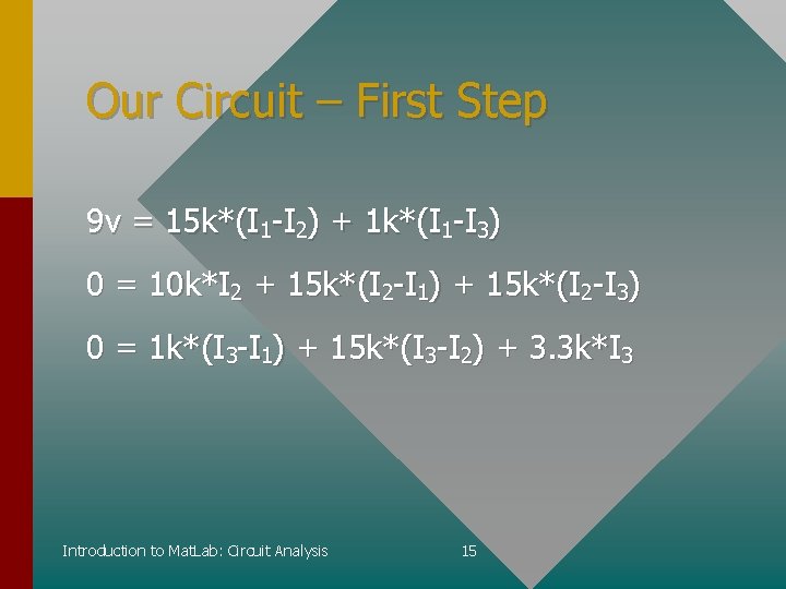 Our Circuit – First Step 9 v = 15 k*(I 1 -I 2) +