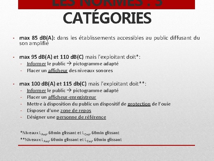 LES NORMES : 3 CATÉGORIES - max 85 d. B(A): dans les établissements accessibles