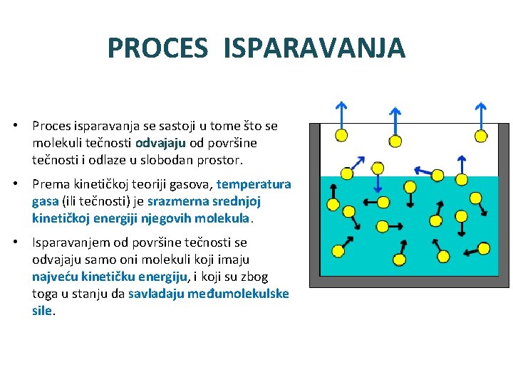 PROCES ISPARAVANJA • Proces isparavanja se sastoji u tome što se molekuli tečnosti odvajaju