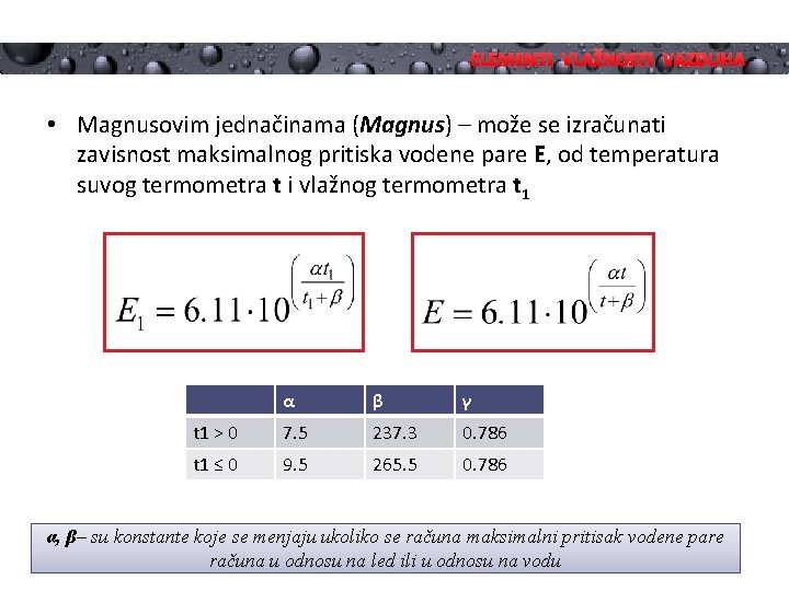 ELEMENTI VLAŽNOSTI VAZDUHA • Magnusovim jednačinama (Magnus) – može se izračunati zavisnost maksimalnog pritiska