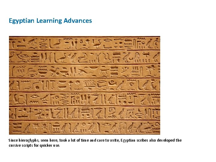 Egyptian Learning Advances Since hieroglyphs, seen here, took a lot of time and care