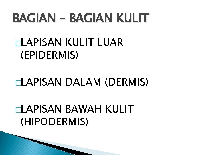 BAGIAN – BAGIAN KULIT �LAPISAN KULIT LUAR (EPIDERMIS) �LAPISAN DALAM (DERMIS) BAWAH KULIT (HIPODERMIS)