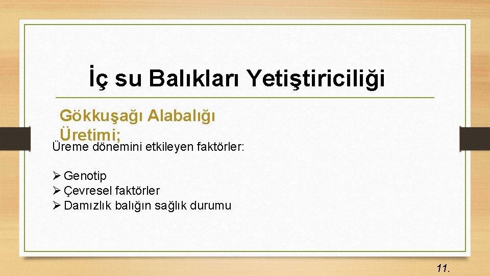 İç su Balıkları Yetiştiriciliği Gökkuşağı Alabalığı Üretimi; Üreme dönemini etkileyen faktörler: Ø Genotip Ø