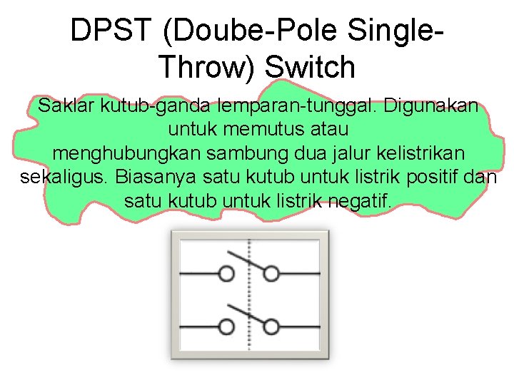 DPST (Doube-Pole Single. Throw) Switch Saklar kutub-ganda lemparan-tunggal. Digunakan untuk memutus atau menghubungkan sambung