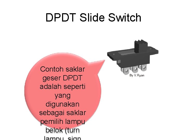 DPDT Slide Switch Contoh saklar geser DPDT adalah seperti yang digunakan sebagai saklar pemilih