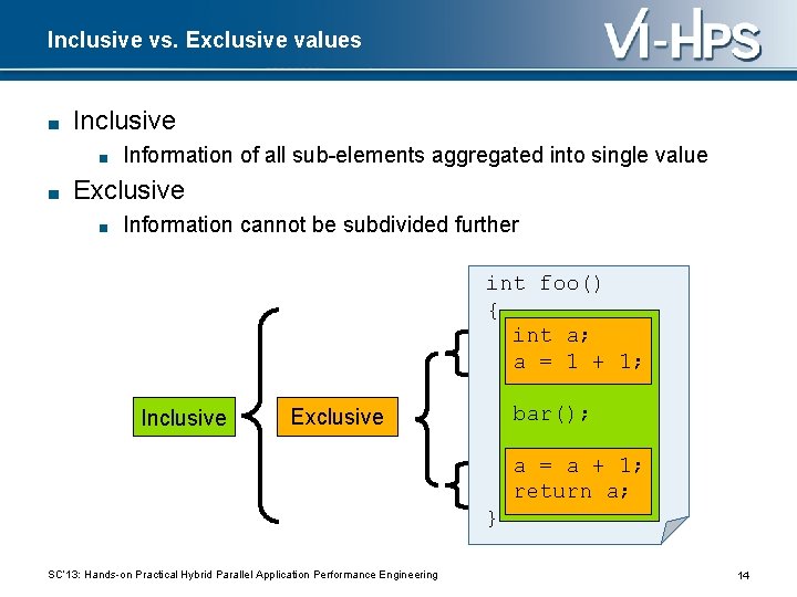 Inclusive vs. Exclusive values ■ Inclusive ■ ■ Information of all sub-elements aggregated into