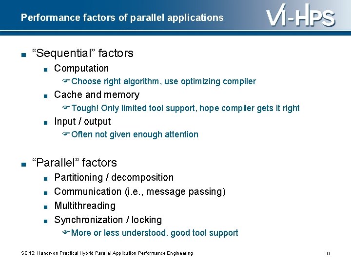 Performance factors of parallel applications ■ “Sequential” factors ■ Computation Choose right algorithm, use