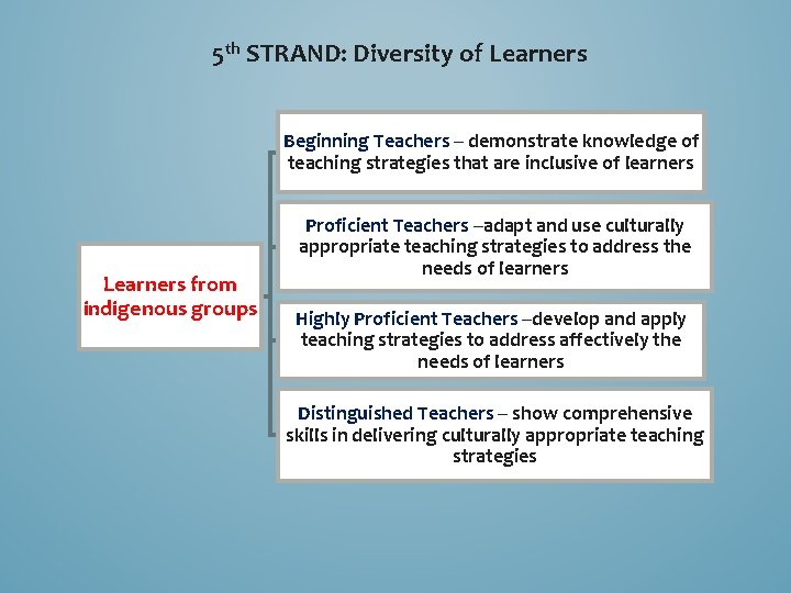 5 th STRAND: Diversity of Learners Beginning Teachers – demonstrate knowledge of teaching strategies