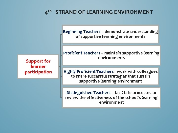 4 th STRAND OF LEARNING ENVIRONMENT Beginning Teachers – demonstrate understanding of supportive learning