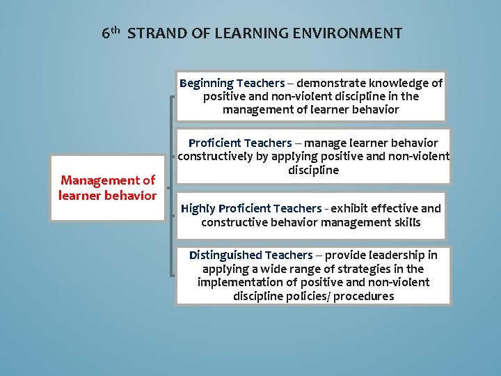 6 th STRAND OF LEARNING ENVIRONMENT Beginning Teachers – demonstrate knowledge of positive and