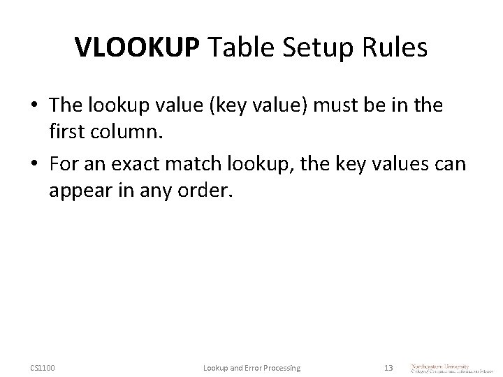 VLOOKUP Table Setup Rules • The lookup value (key value) must be in the