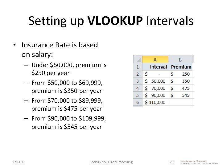 Setting up VLOOKUP Intervals • Insurance Rate is based on salary: – Under $50,