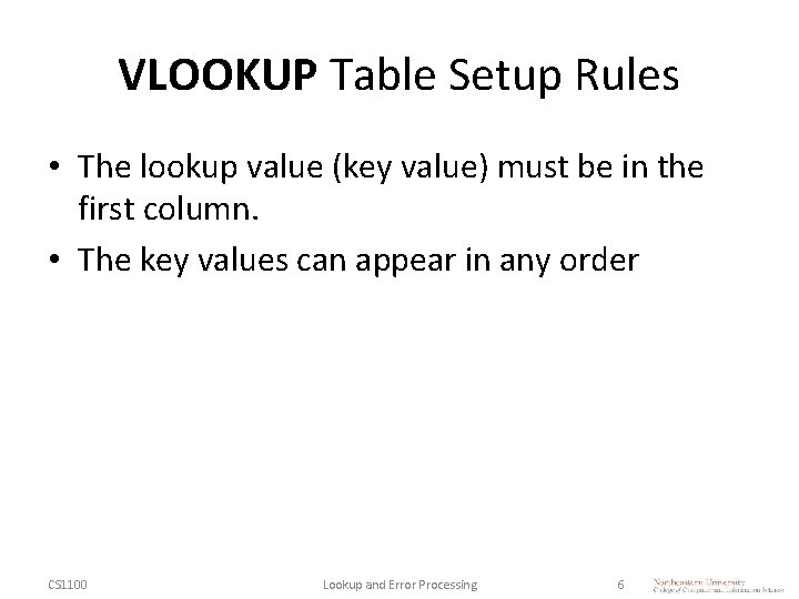 VLOOKUP Table Setup Rules • The lookup value (key value) must be in the