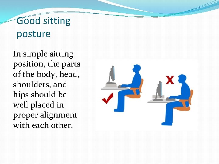 Good sitting posture In simple sitting position, the parts of the body, head, shoulders,