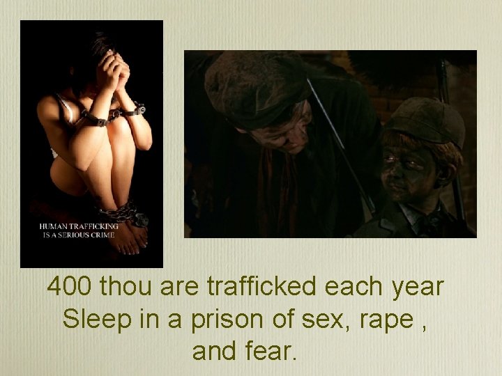 400 thou are trafficked each year Sleep in a prison of sex, rape ,