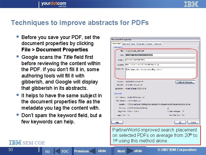 Techniques to improve abstracts for PDFs § § Before you save your PDF, set