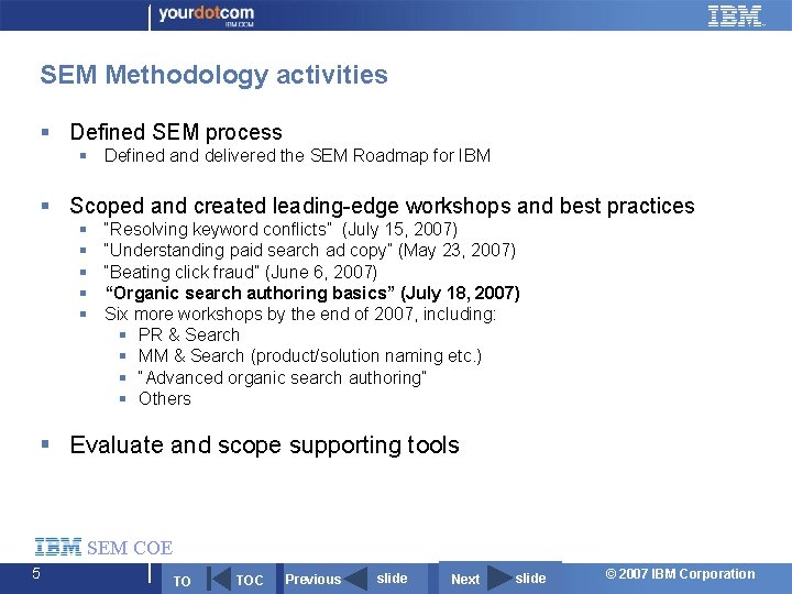 SEM Methodology activities § Defined SEM process § Defined and delivered the SEM Roadmap