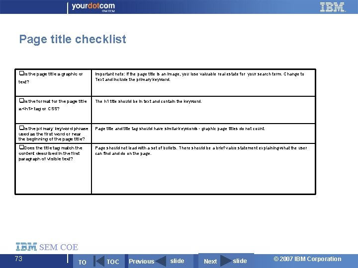 Page title checklist q. Is the page title a graphic or text? q. Is